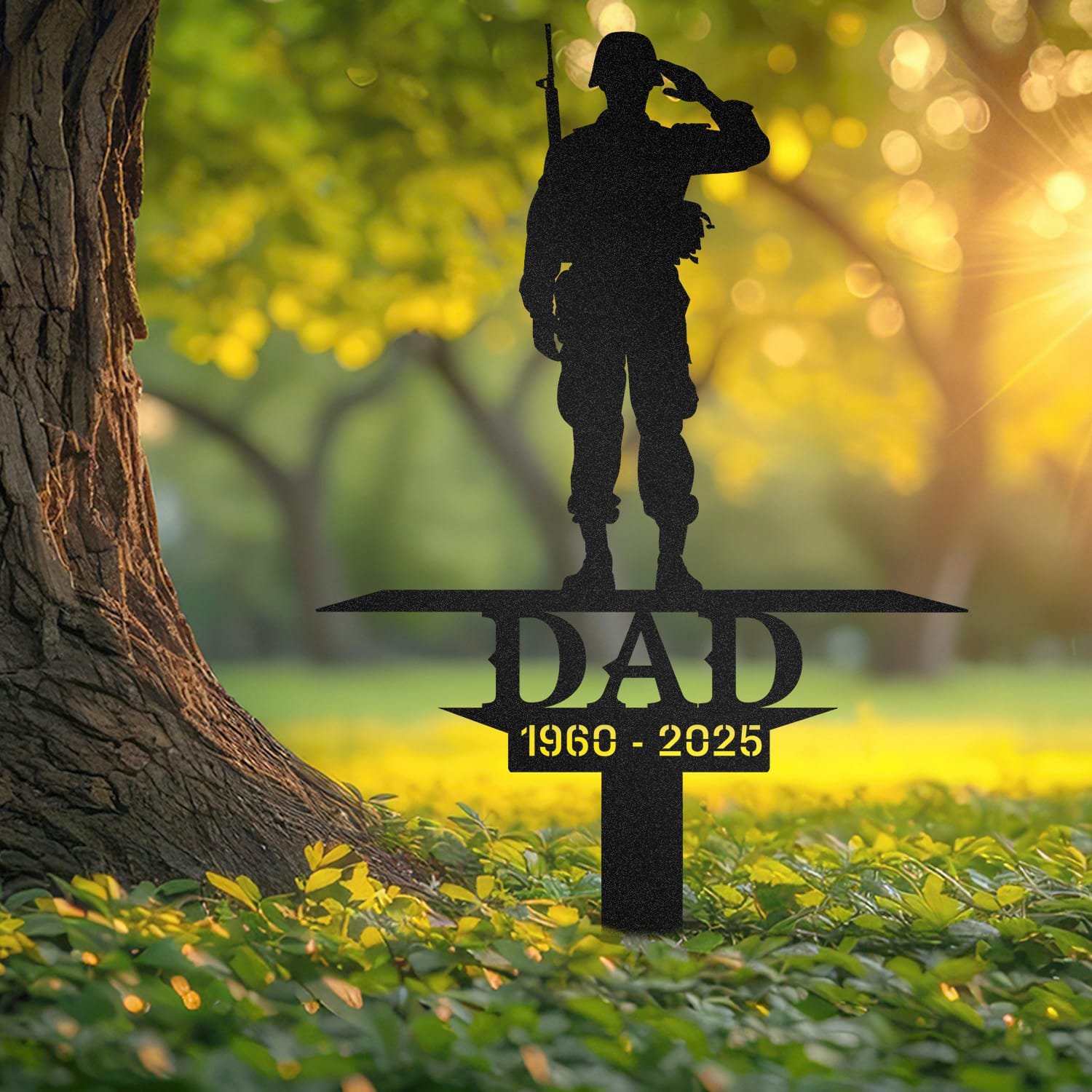 Soldier human grave marker displayed outdoors in a garden setting, showing the personalized design in place on the stake.