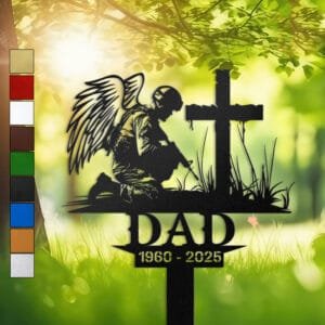 Metal memorial design of a winged soldier kneeling at a wooden cross with his rifle with angel wings, engraved with 'DAD' and personalized with memorial years.