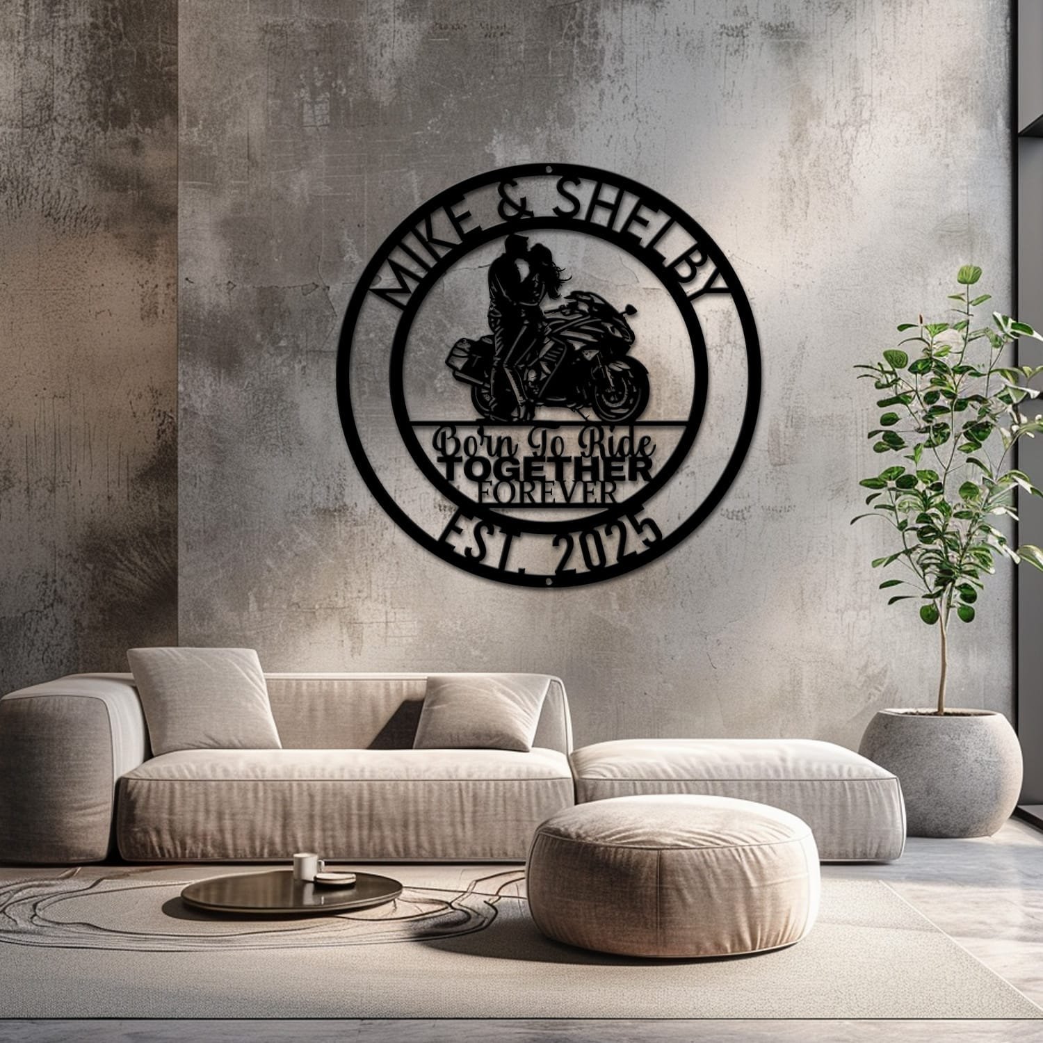 Sport Motorcycle couple metal wall art staged on a neutral wall with soft furnishings nearby, showing the finished design indoors.