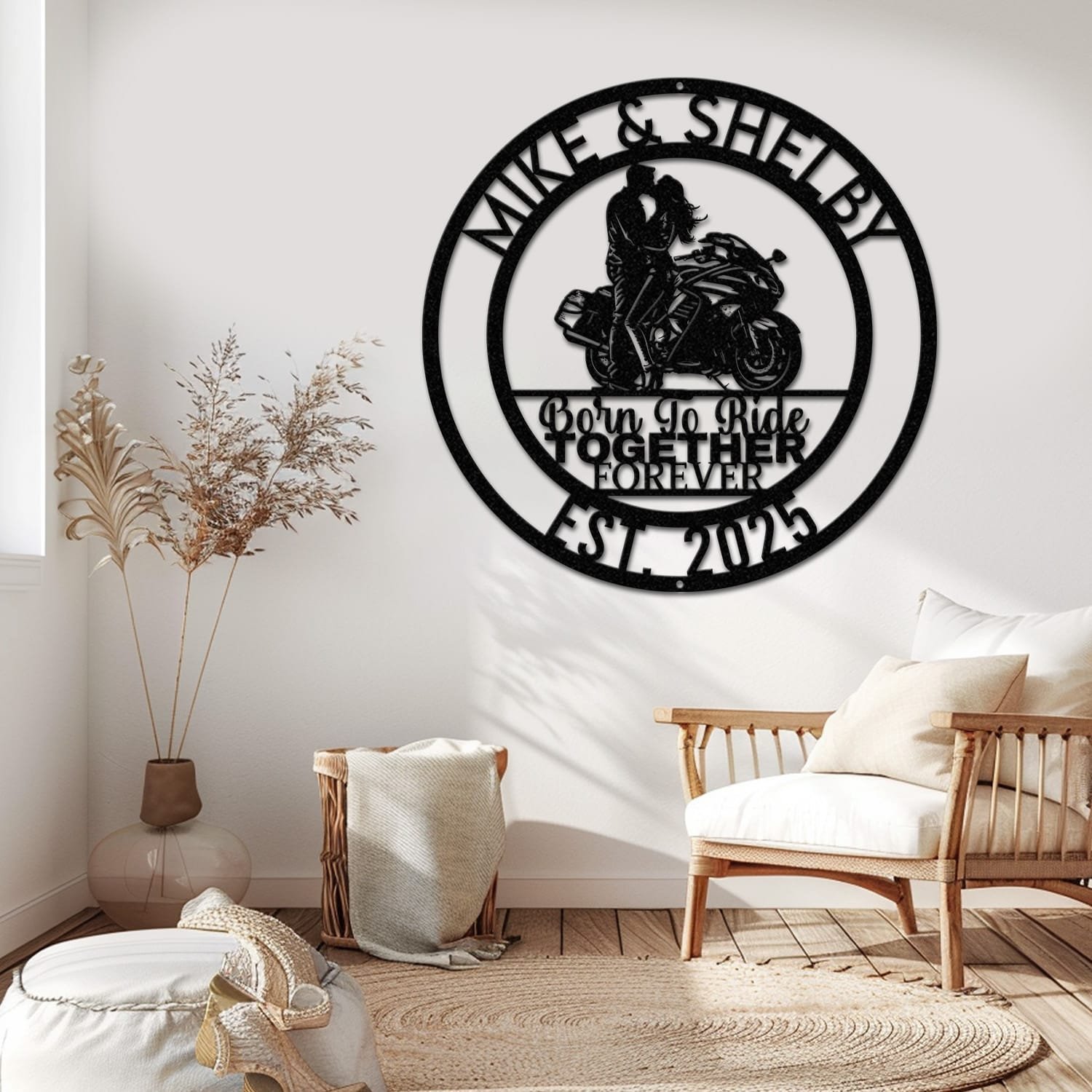 Sport Motorcycle couple metal wall art displayed close up, highlighting the cutout detail and personalization area.