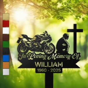 Sport Motorcycle paired with a kneeling rider silhouette beside a cross, engraved with 'In Loving Memory Of' on a personalized metal garden stake.