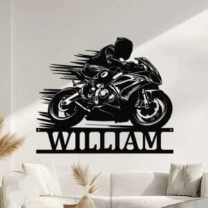 Rider leaning into a high-speed turn on a sport motorcycle with motion lines, and a custom name cut into the base of a personalized metal wall sign.