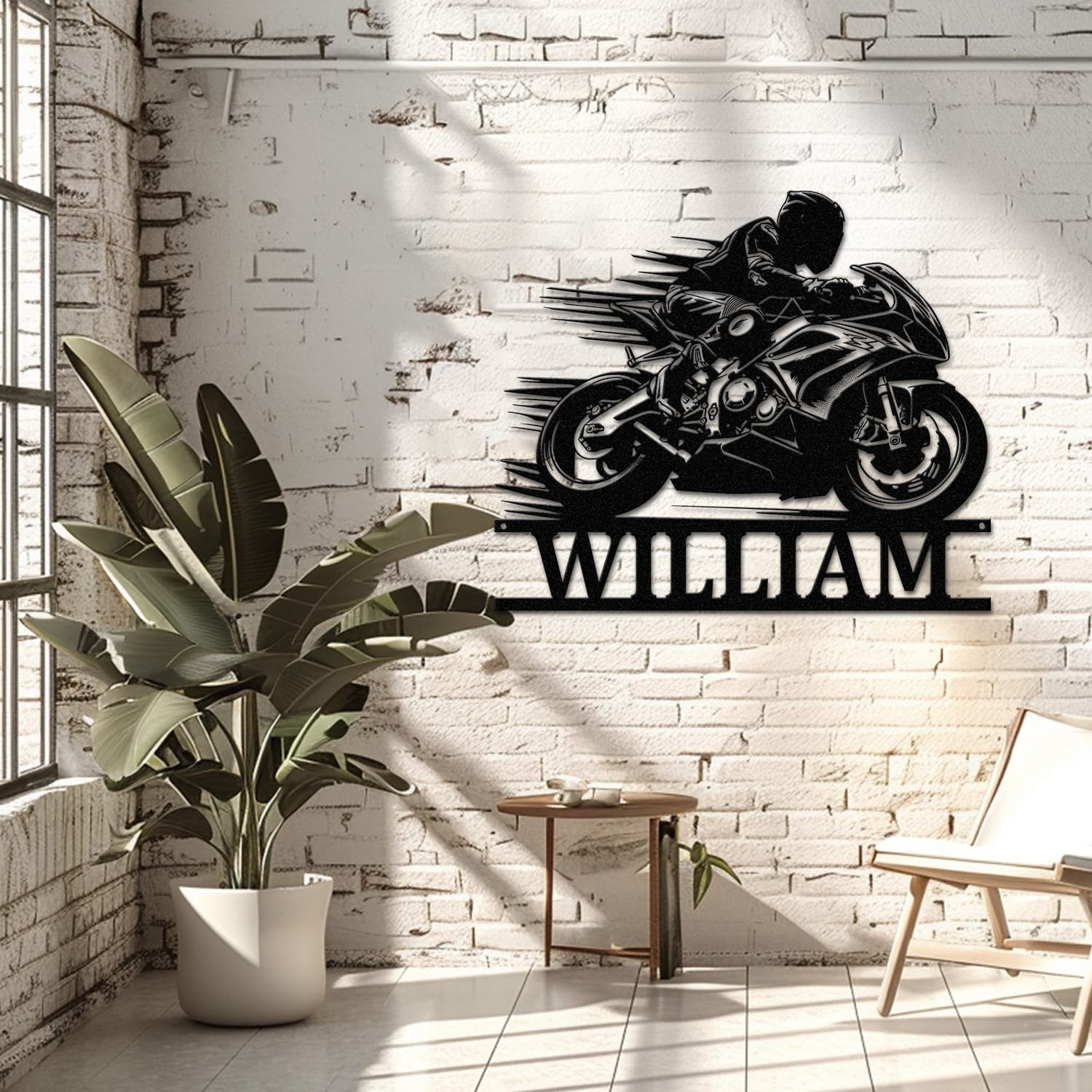 Sport Motorcycle name sign displayed on a living room wall, showing the design in a home decor setting.