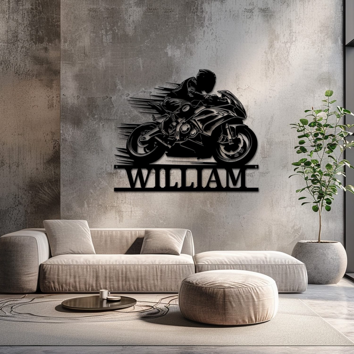 Sport Motorcycle name sign staged on a neutral wall with soft furnishings nearby, showing the finished design indoors.