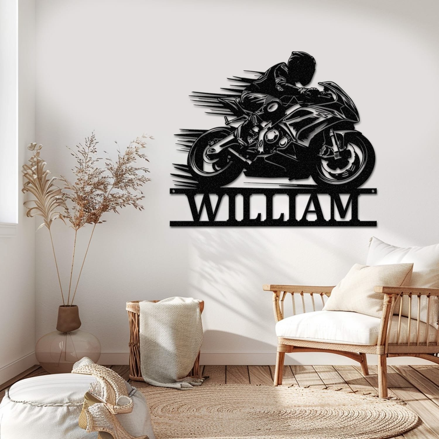 Sport Motorcycle name sign displayed close up, highlighting the cutout detail and name plate.
