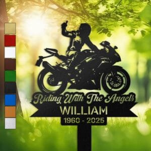 Rider silhouette giving a thumbs-up atop a sport motorcycle, engraved with 'Riding With The Angels' on a personalized metal garden stake.