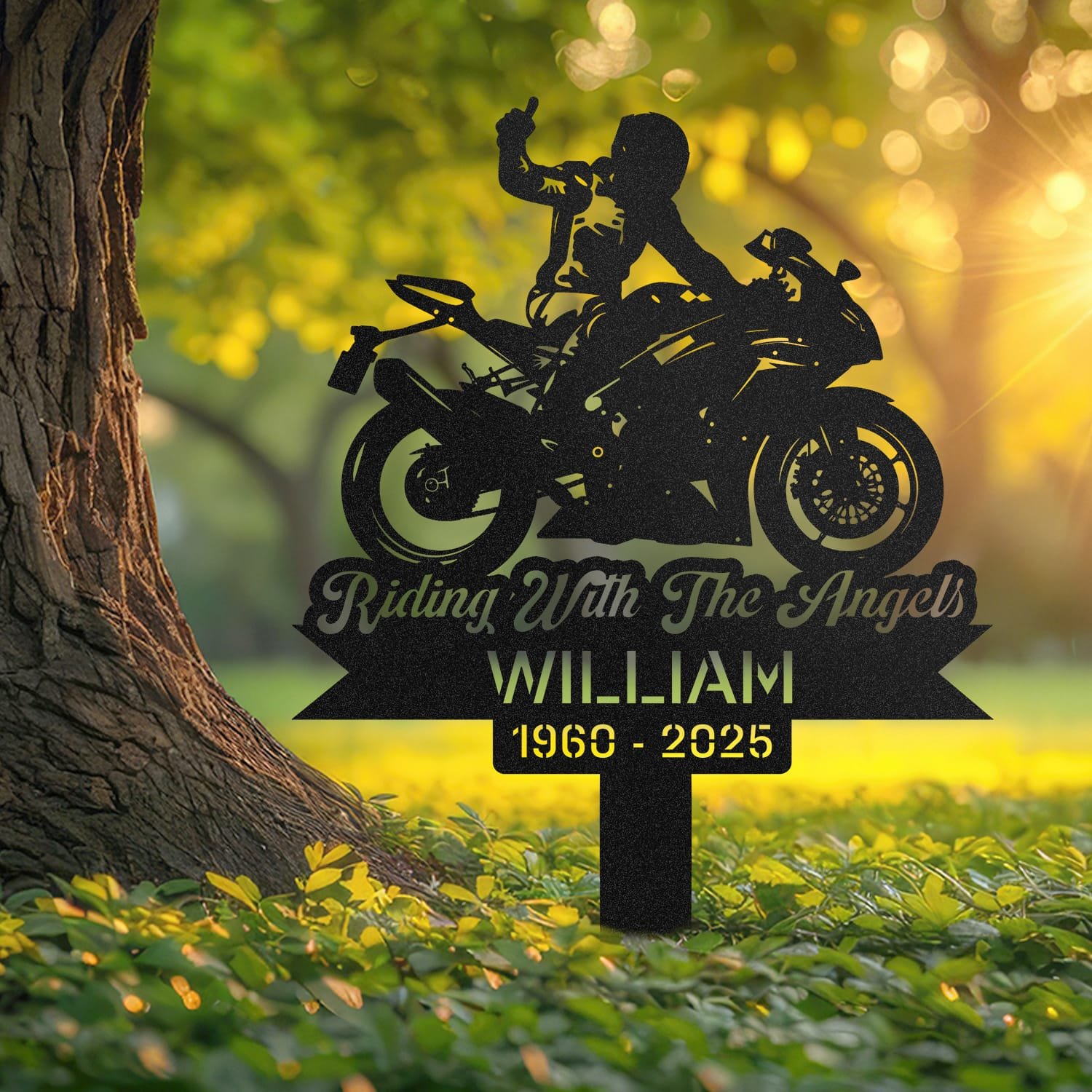 Sport Motorcycle human grave marker displayed outdoors in a garden setting, showing the personalized sport motorcycle rider silhouette design in place on the stake.