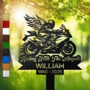 Winged rider silhouette atop a sport motorcycle, engraved with 'Riding With The Angels' on a personalized metal garden stake.