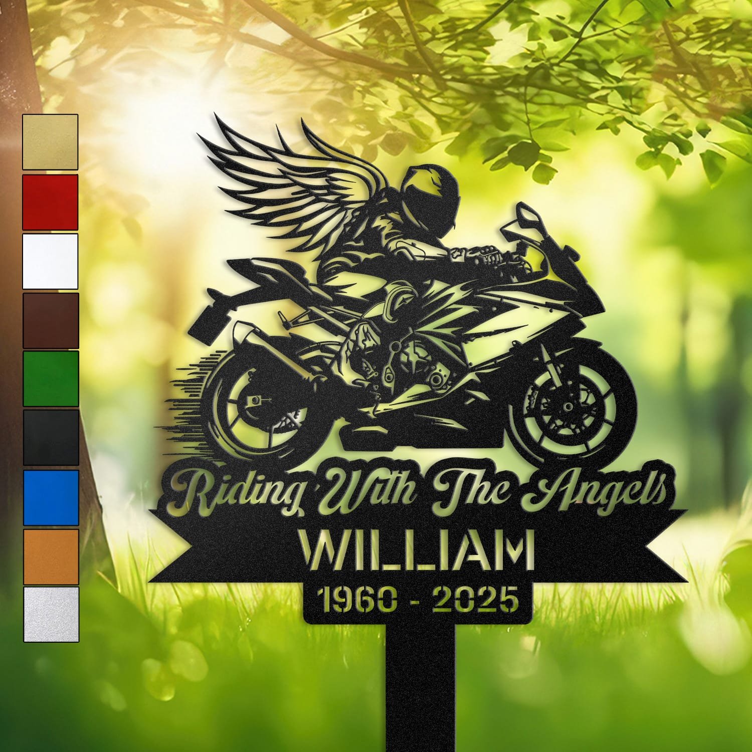 Winged rider silhouette atop a sport motorcycle, engraved with 'Riding With The Angels' on a personalized metal garden stake.