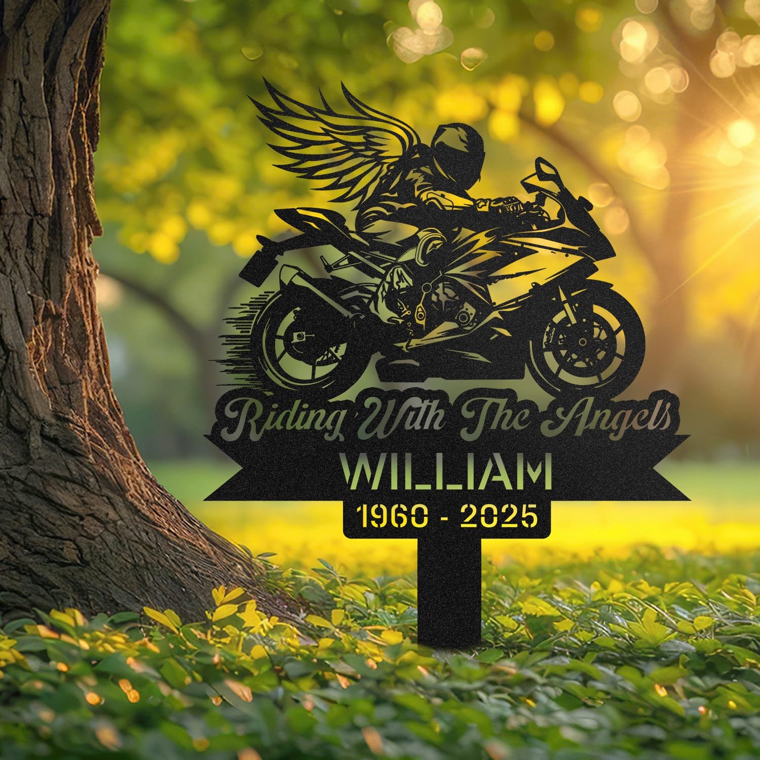 Sport Motorcycle human grave marker displayed outdoors in a garden setting, showing the personalized sport motorcycle winged rider design in place on the stake.