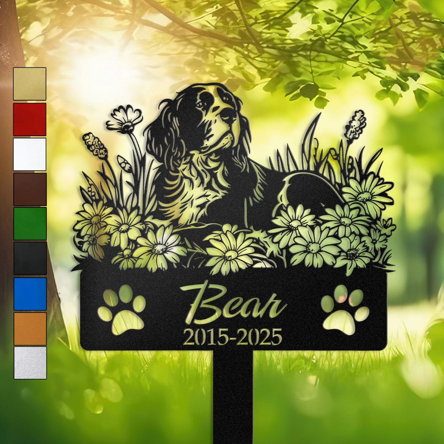 Springer Spaniel resting in a resting sleeping pose within a daisy floral border on a personalized metal garden stake, with paw print cutouts at the base.