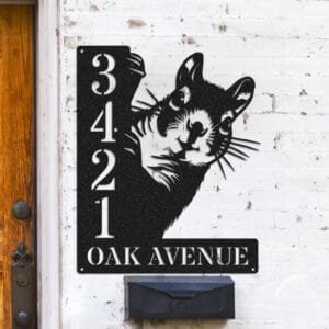 Personalized squirrel address sign with a squirrel peeking over a vertical house number plaque reading 3421 Oak Avenue