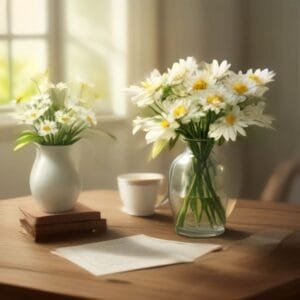 A warm sympathy card and daisies on a table, an idea for supporting a friend after pet loss