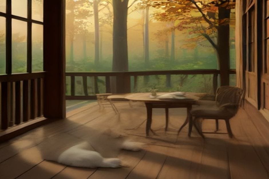 A quiet porch scene with a resting dog and two cups of tea, showing the quiet comfort of simply showing up