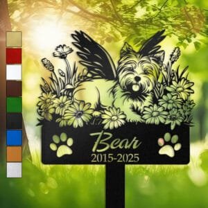 West Highland White Terrier silhouette with angel wings surrounded by a daisy floral border on a personalized metal garden stake, with paw print cutouts at the base.