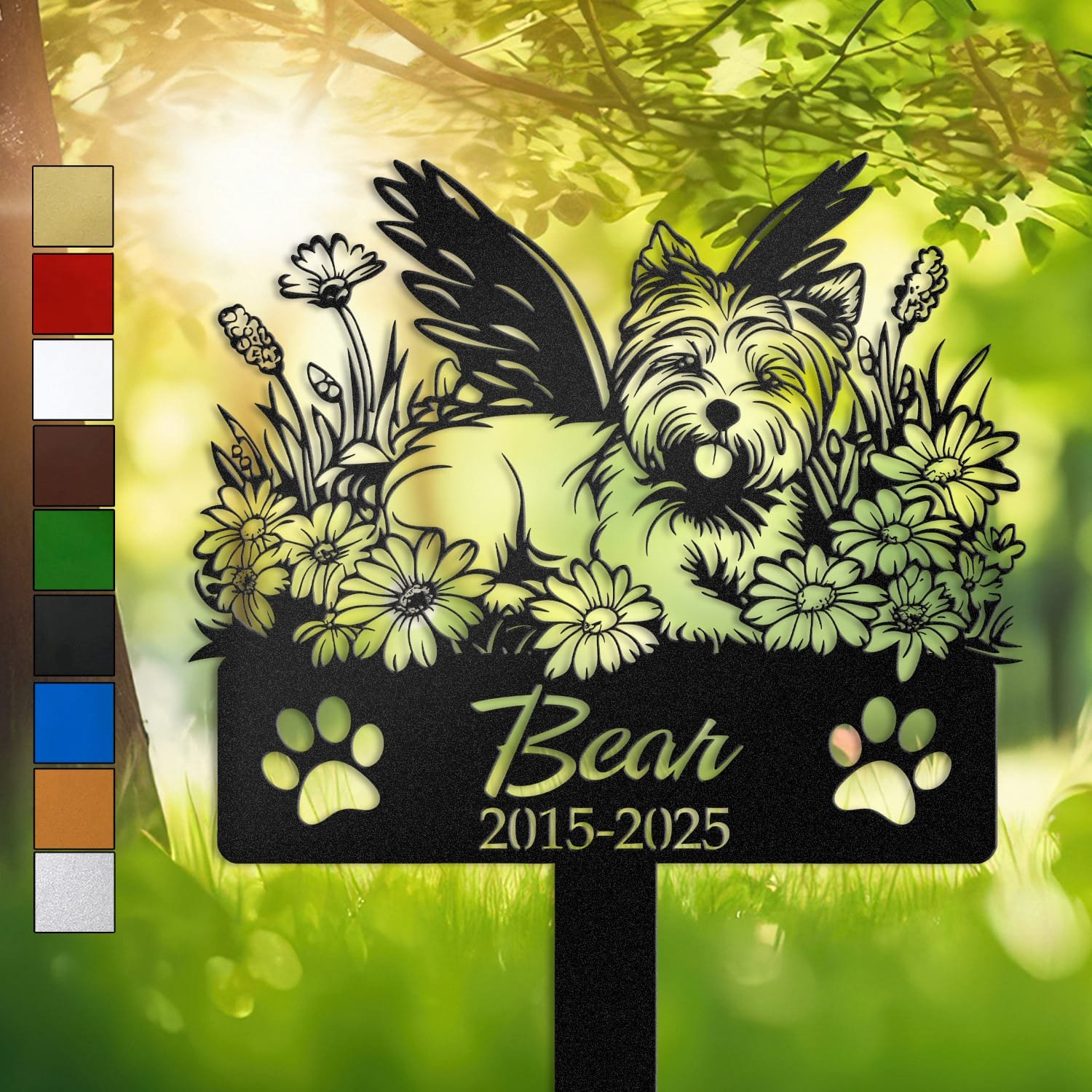West Highland White Terrier silhouette with angel wings surrounded by a daisy floral border on a personalized metal garden stake, with paw print cutouts at the base.