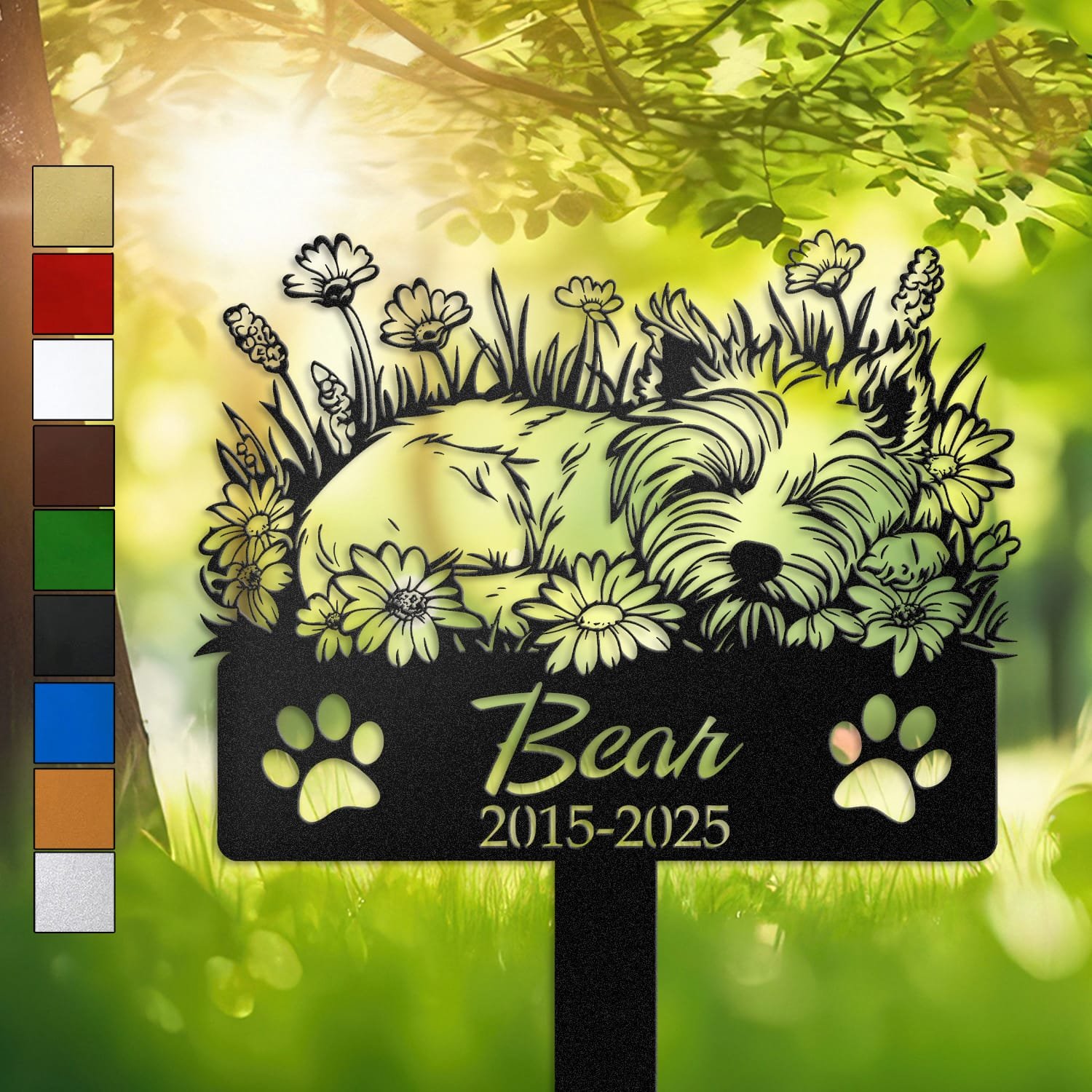 West Highland White Terrier resting in a peaceful sleeping pose within a daisy floral border on a personalized metal garden stake, with paw print cutouts at the base.