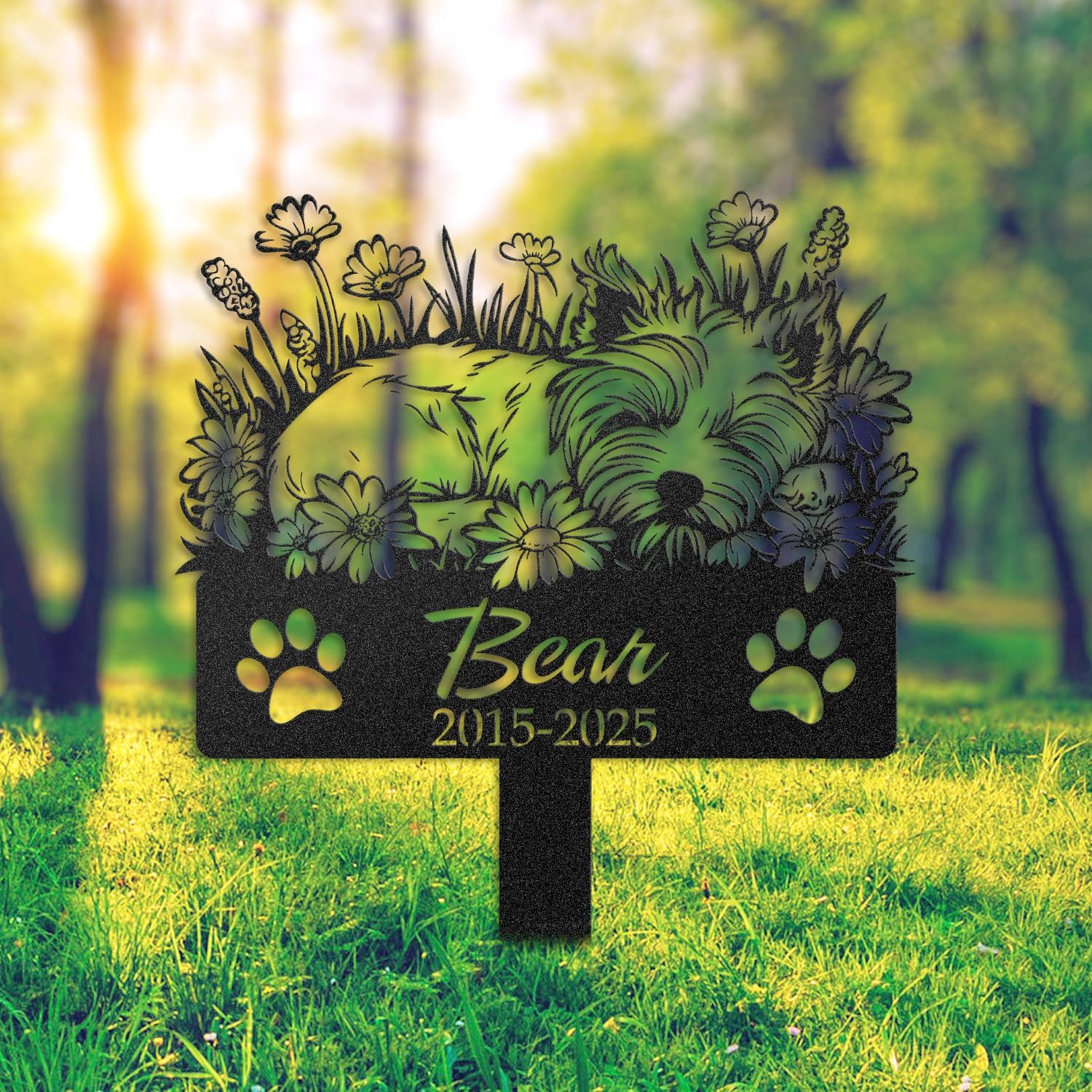 West Highland White Terrier pet grave marker staged near a home entryway, showing the finished sleeping-pose daisy floral design and name plate outdoors.