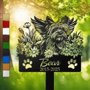Yorkshire Terrier silhouette with angel wings surrounded by a daisy floral border on a personalized metal garden stake, with paw print cutouts at the base.