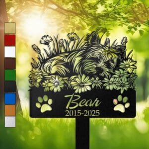 Yorkshire Terrier resting in a cozy sleeping pose within a daisy floral border on a personalized metal garden stake, with paw print cutouts at the base.