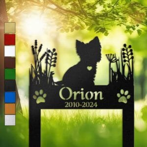 Yorkshire Terrier silhouette in a sitting pose with a heart cutout, framed by wild grasses on a personalized metal garden stake.