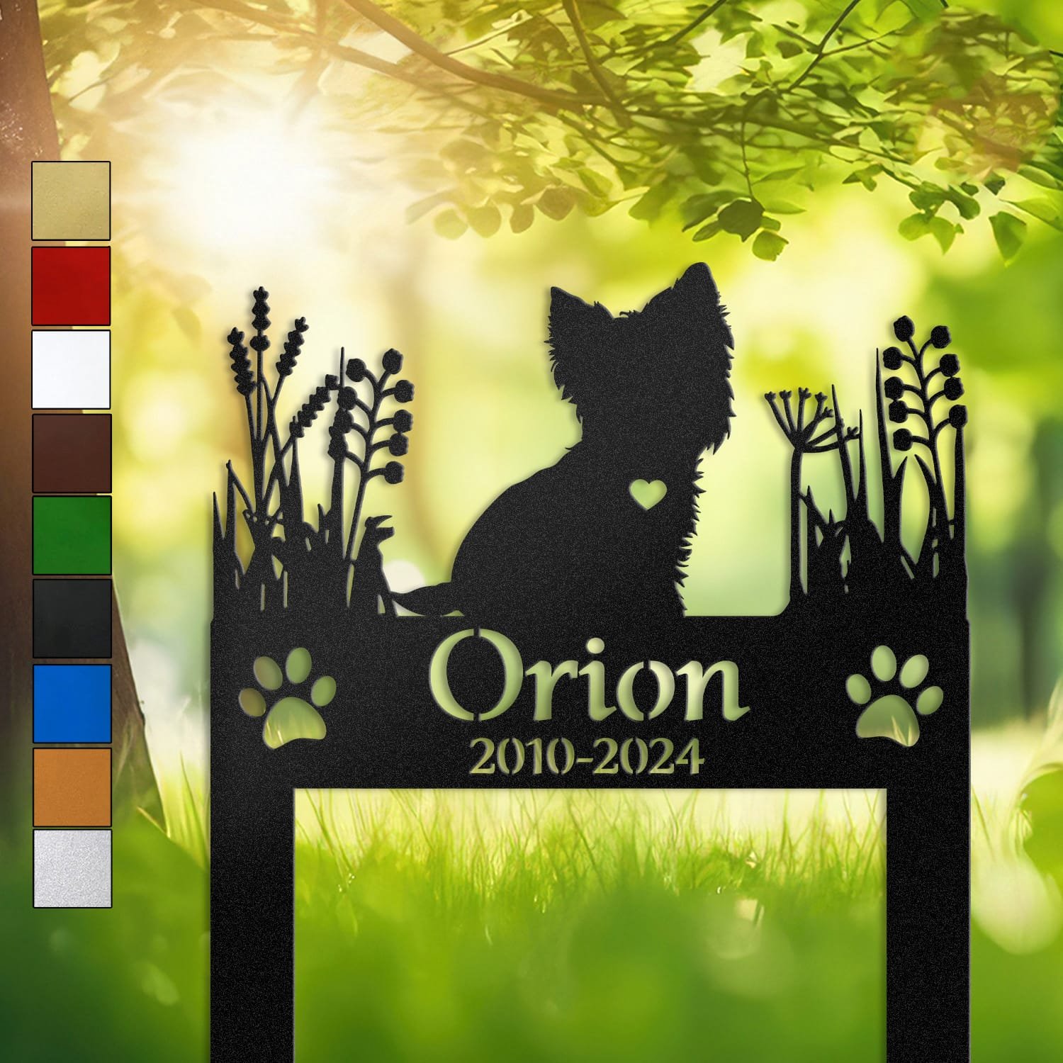 Yorkshire Terrier silhouette in a sitting pose with a heart cutout, framed by wild grasses on a personalized metal garden stake.