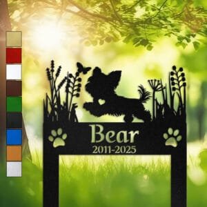 Yorkshire Terrier silhouette in a walking pose with a heart cutout, framed by wild grasses on a personalized metal garden stake.