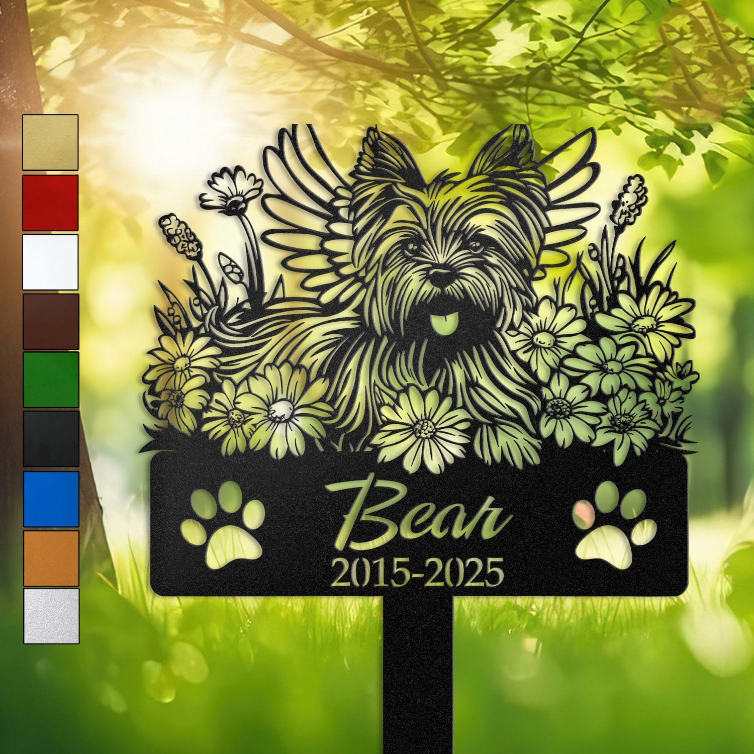 Yorkshire Terrier silhouette with angel wings surrounded by a daisy floral border on a personalized metal garden stake, with paw print cutouts at the base.