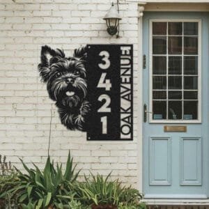 Personalized Yorkshire Terrier address sign with a fluffy Yorkie face peeking over a vertical house number plaque reading 3421 Oak Avenue