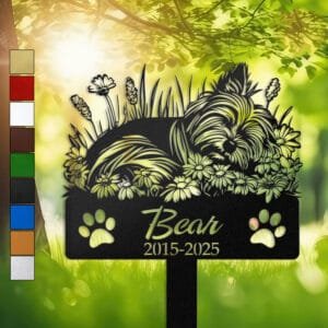 Yorkshire Terrier resting in a peaceful sleeping pose within a daisy floral border on a personalized metal garden stake, with paw print cutouts at the base.