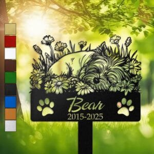 Yorkshire Terrier resting in a peaceful sleeping pose within a daisy floral border on a personalized metal garden stake, with paw print cutouts at the base.