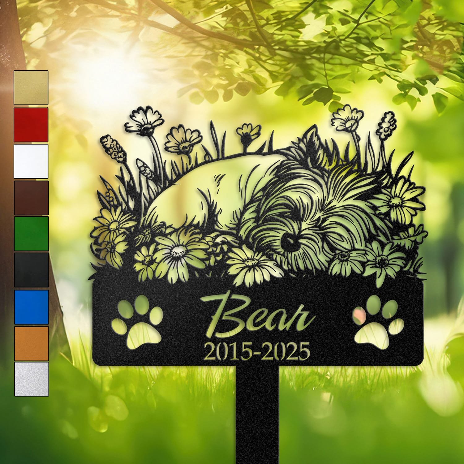 Yorkshire Terrier resting in a peaceful sleeping pose within a daisy floral border on a personalized metal garden stake, with paw print cutouts at the base.