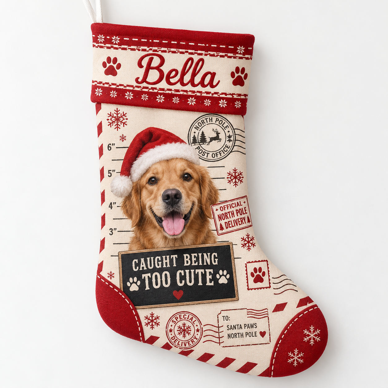 Personalized Christmas stocking with personalized north pole mugshot design on a plain background