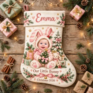 personalized pink bunny baby stocking shown laid flat on a wooden surface beside wrapped gifts and greenery