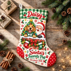 personalized santa chimney dog stocking shown laid flat on a wooden surface beside wrapped gifts and greenery