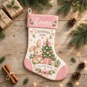 personalized pink striped bunny stocking shown laid flat on a wooden surface beside wrapped gifts and greenery