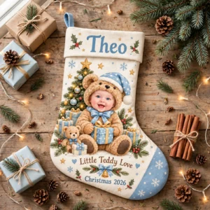personalized blue teddy baby stocking shown laid flat on a wooden surface beside wrapped gifts and greenery