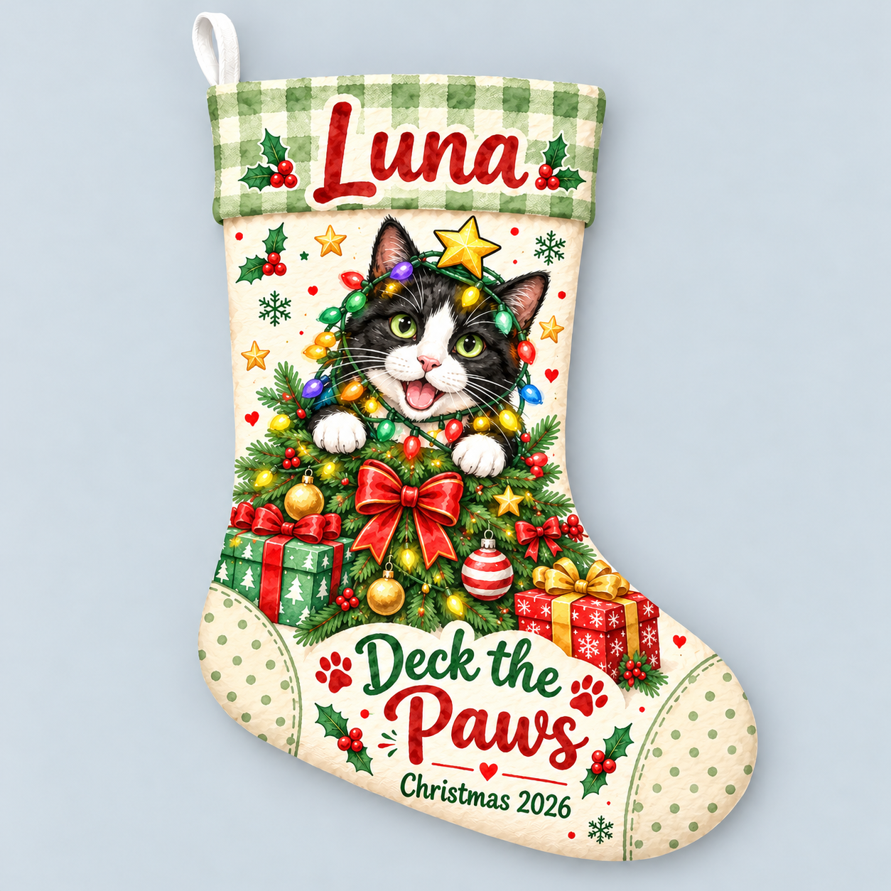 Personalized Christmas stocking with personalized christmas lights cat design on a plain background