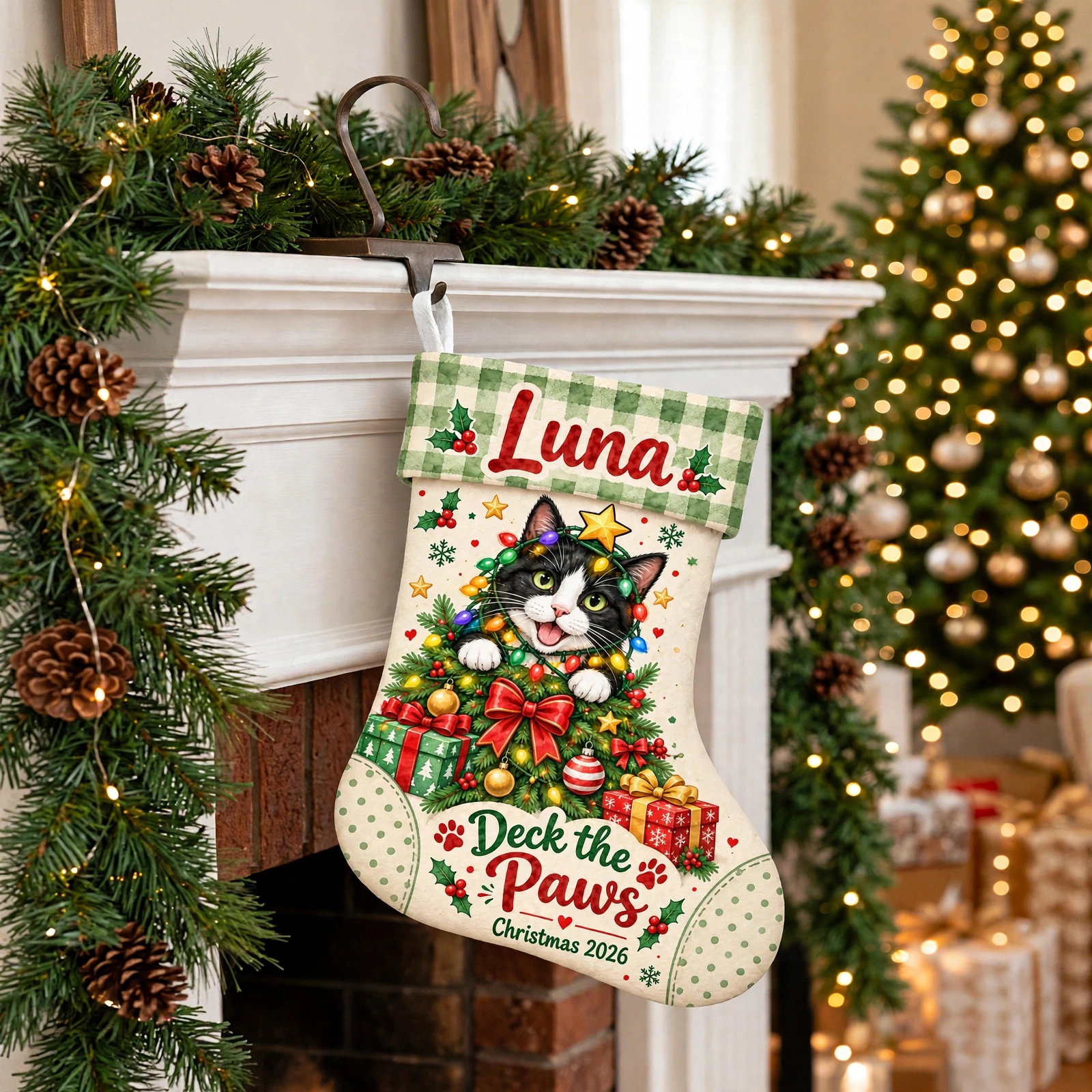 Tuxedo Cat in Christmas Lights Christmas stocking hanging by a decorated fireplace