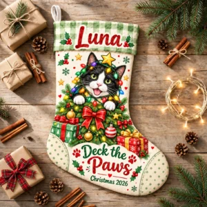 personalized christmas lights cat stocking shown laid flat on a wooden surface beside wrapped gifts and greenery