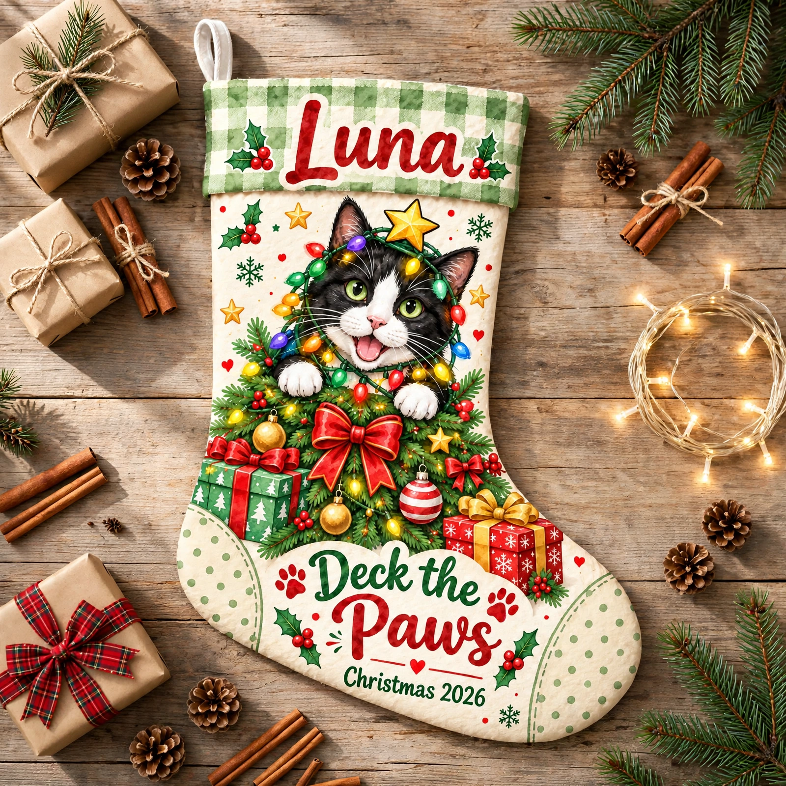 personalized christmas lights cat stocking shown laid flat on a wooden surface beside wrapped gifts and greenery