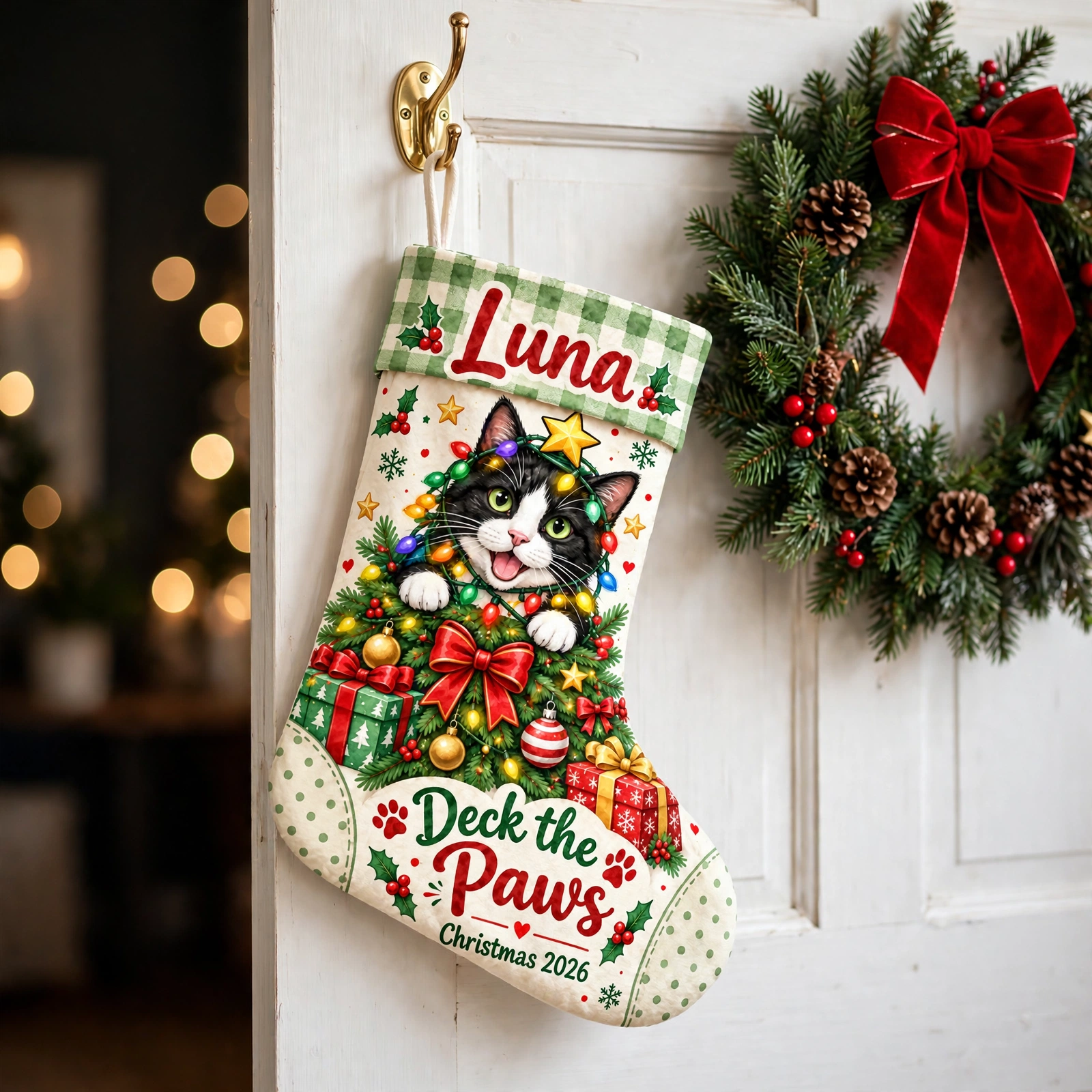 Tuxedo Cat in Christmas Lights Christmas stocking hanging on a white door beside a Christmas wreath