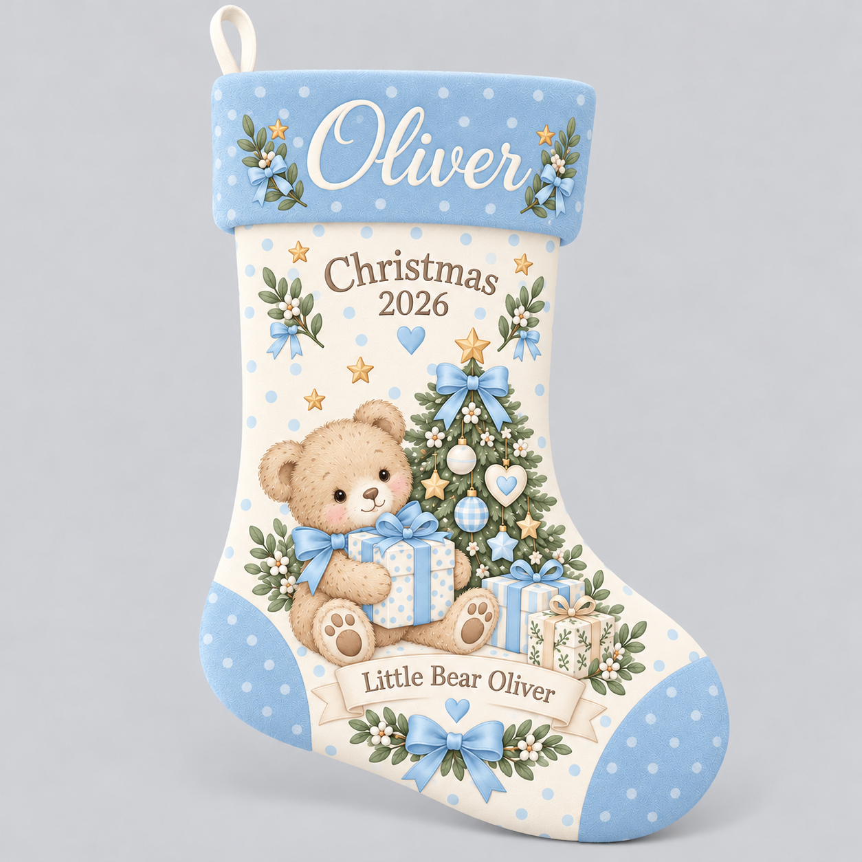 Personalized Christmas stocking with personalized blue polka teddy design on a plain background
