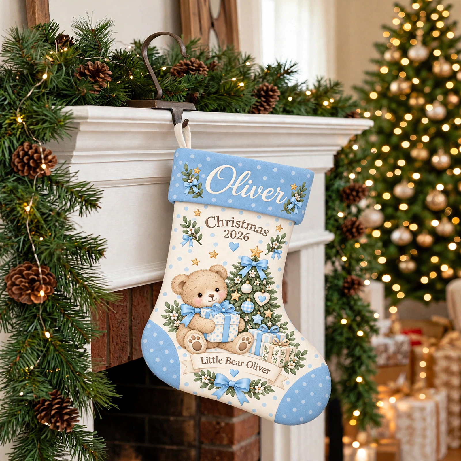 Blue Polka Dot Teddy Bear Christmas stocking hanging by a decorated fireplace