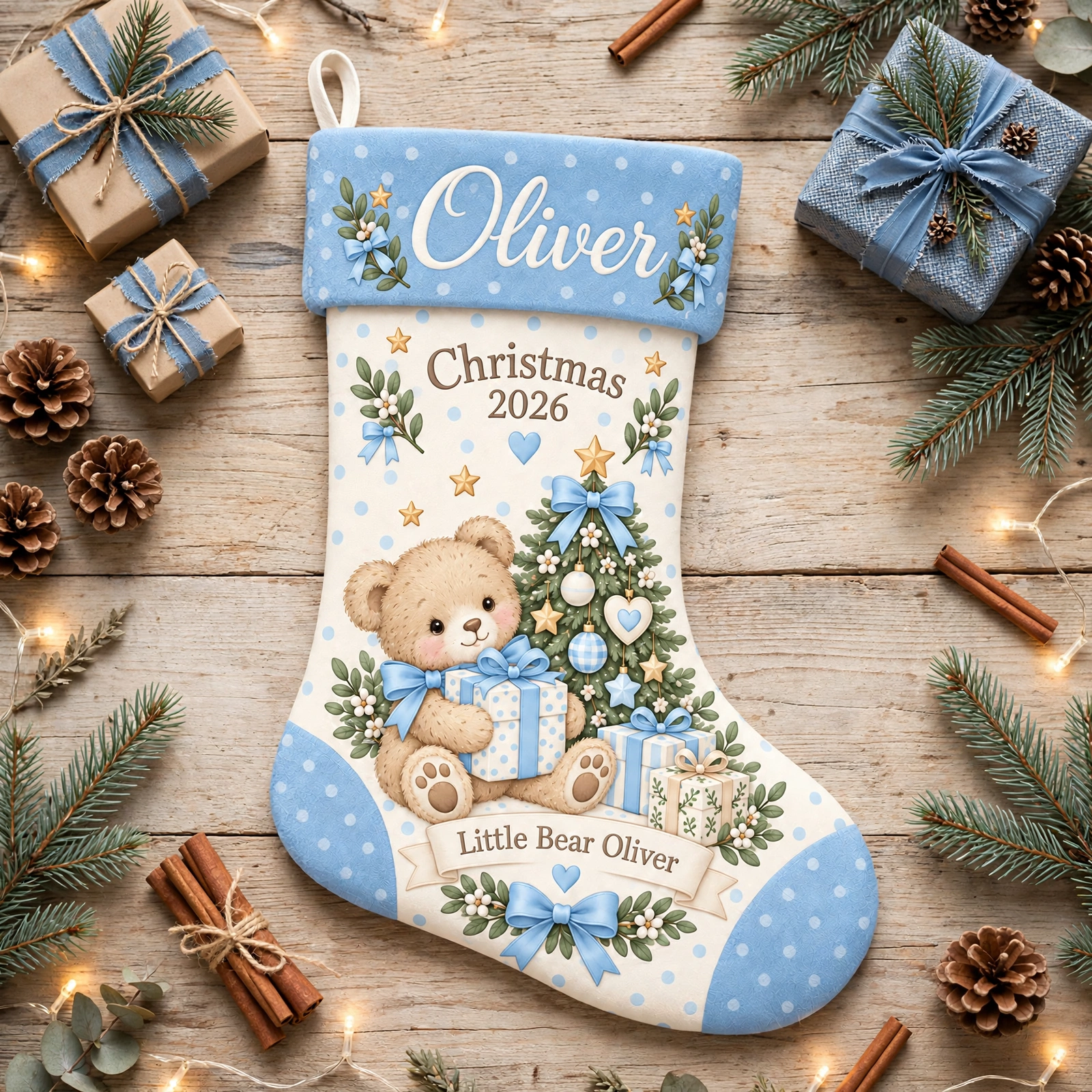 personalized blue polka teddy stocking shown laid flat on a wooden surface beside wrapped gifts and greenery