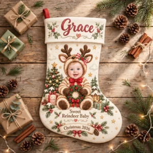 personalized reindeer wreath baby stocking shown laid flat on a wooden surface beside wrapped gifts and greenery