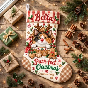 personalized gingerbread reindeer cat stocking shown laid flat on a wooden surface beside wrapped gifts and greenery