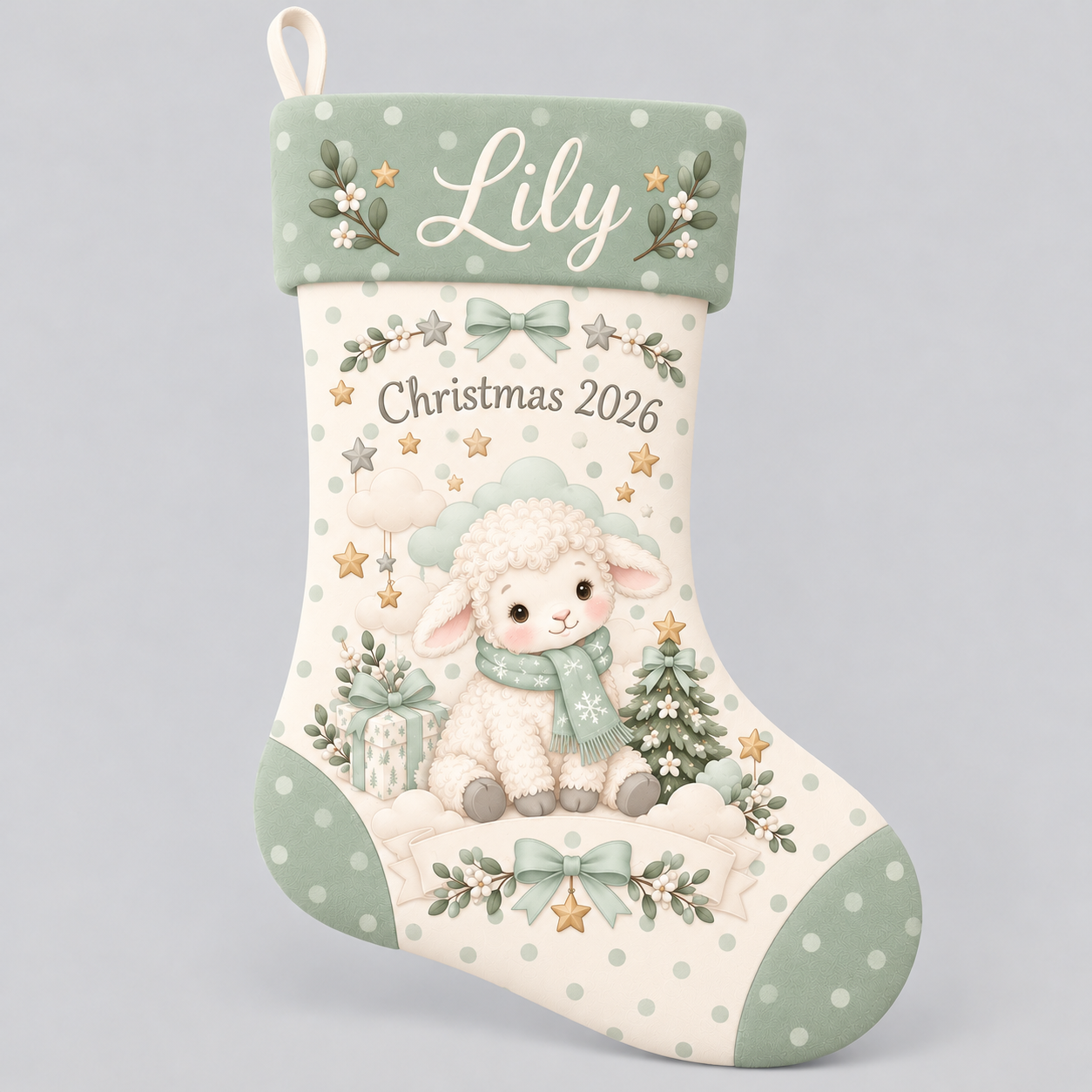 Personalized Christmas stocking with personalized sage star lamb design on a plain background