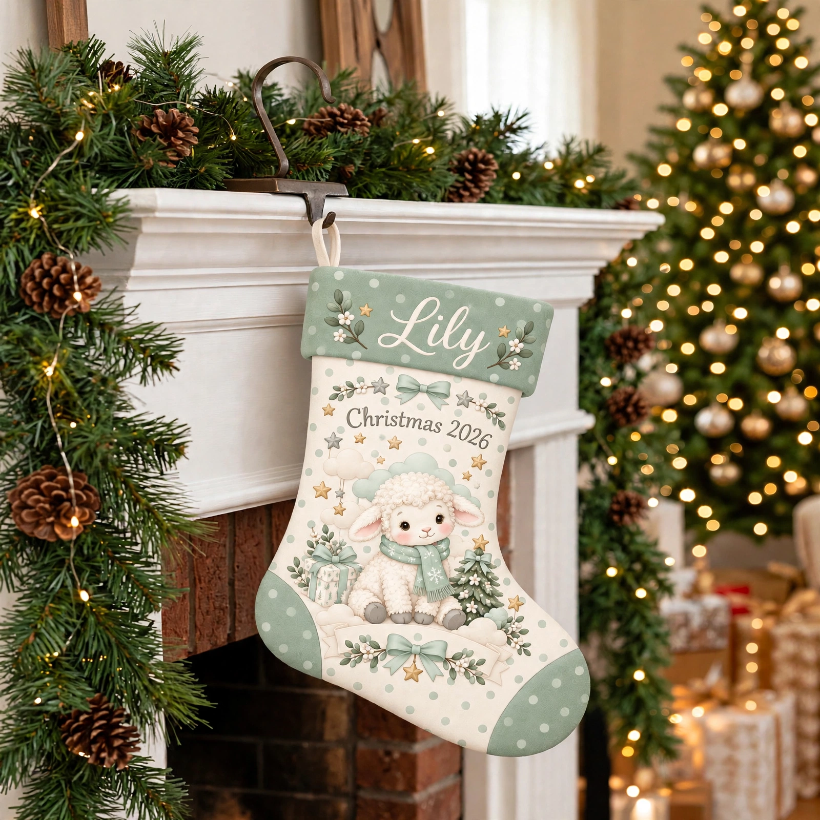 Sage Green Lamb and Stars Christmas stocking hanging by a decorated fireplace