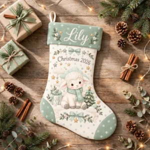 personalized sage star lamb stocking shown laid flat on a wooden surface beside wrapped gifts and greenery